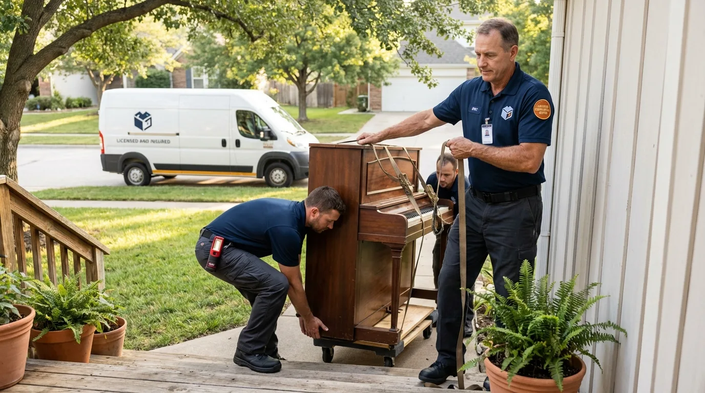 Licensed piano movers securing grand piano in Indianola, MS