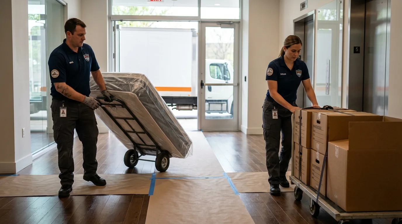 Professional apartment movers loading elevator in Indianola, MS